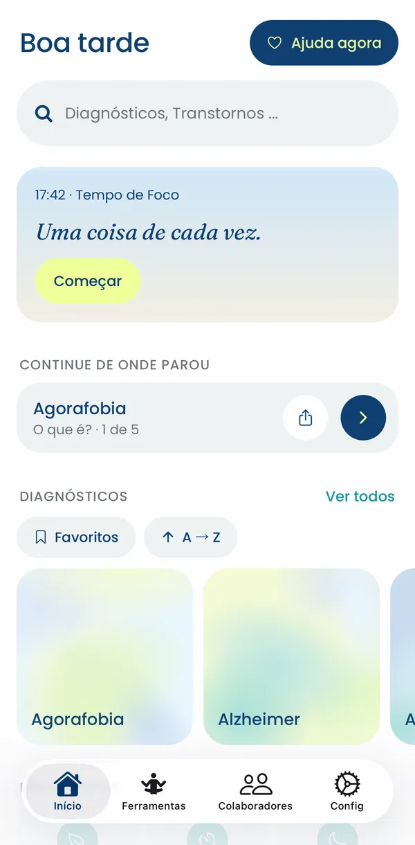 Tela inicial do app Megui com o Tempo de Foco
